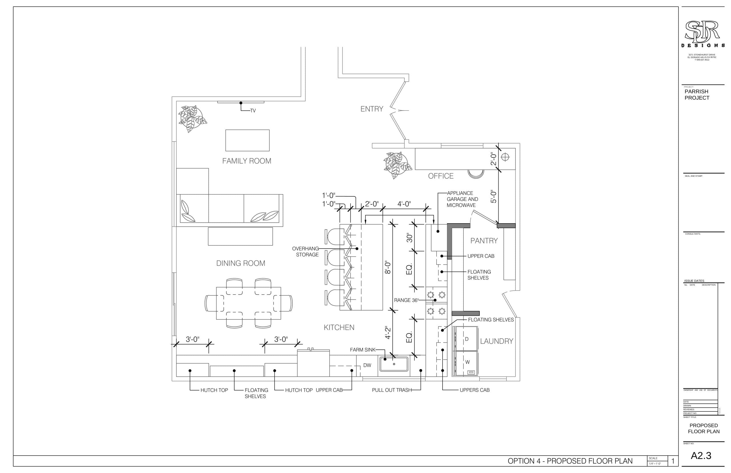 Proposed kitchen floor plan by SR Designs showing open-concept layout with center island, farm sink, 36-inch range, pantry, floating shelves, and laundry room — Linda Lou kitchen remodel by Parrish Construction